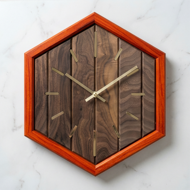 Walnut Hexagon Clock with Brass Inlays